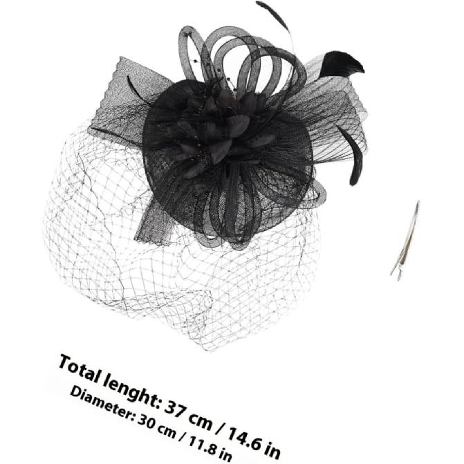 Mesh Flower Headband with Plume Accent, Black Cocktail Tea Party Hat for Women and Special Occasion Accessory