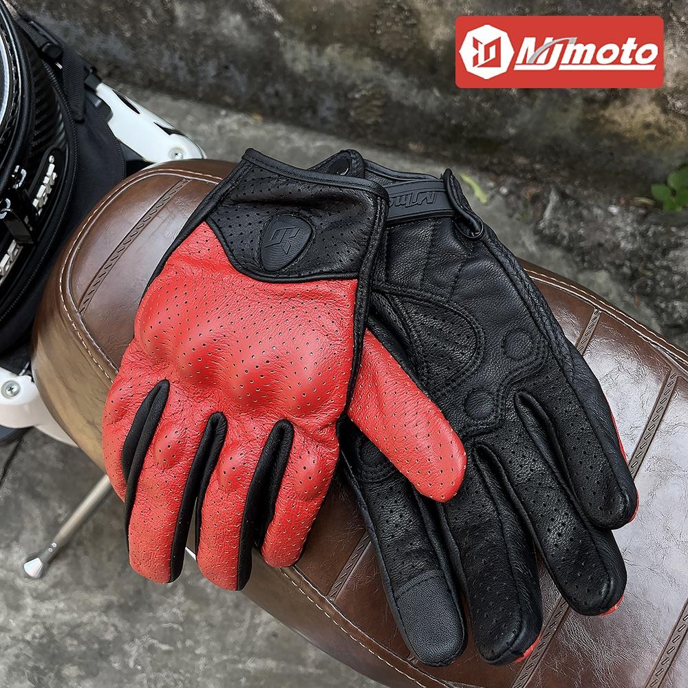 Summer Breathable Perforation Motorcycle Gloves Retro Leather Full Finger Touchscreen Built-in EVA Shell Casual Outdoor