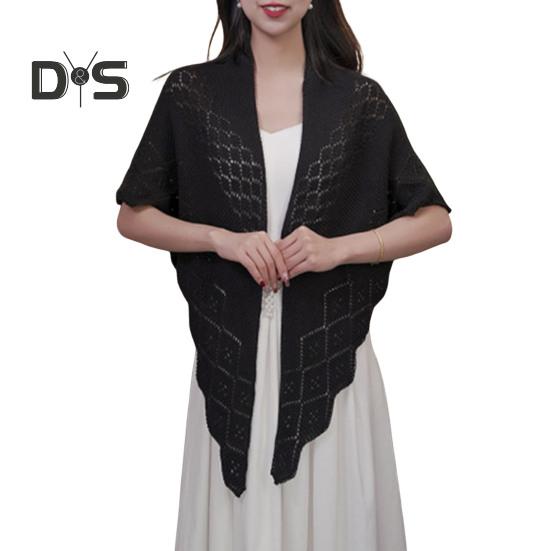 Женская вязаная шаль, однотонная, с бахромой, легкая, универсальная, алая, открытая, вязаная, с узором, шаль-накидка