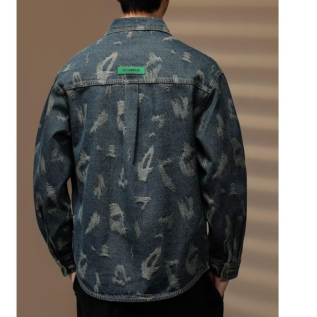 Premium Retro Printed Denim Shirt Men'S Tooling Jacket Loose Casual Trendy Shirt Jacket