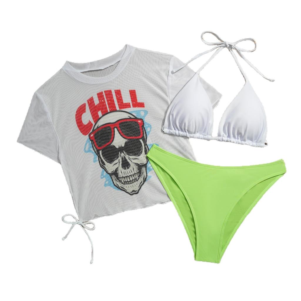 European and American fashion 1011 new sexy women's swimsuit split printing gauze beach bikini three-piece set
