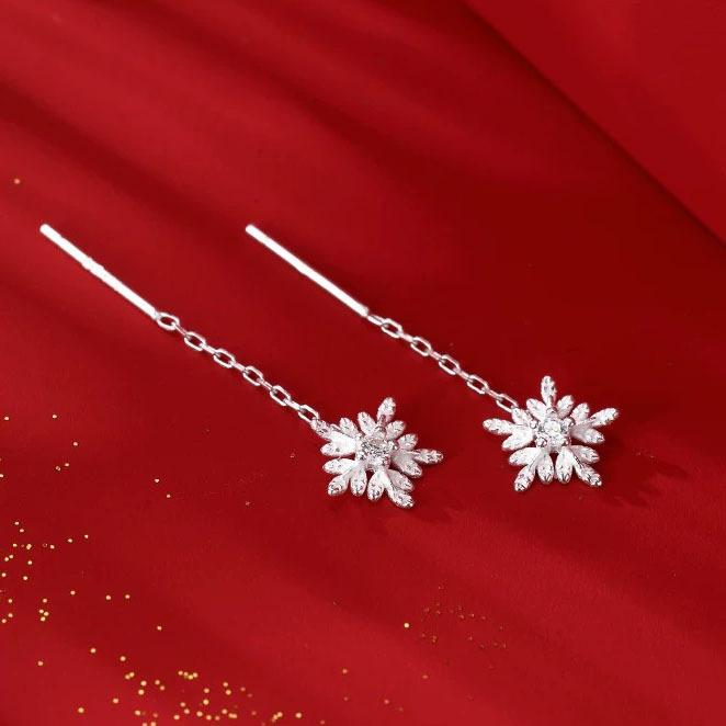 S999 Silver Snowflake Tassel Ear Threads Light Luxury Earrings for Ear Healing Versatile Face Slimming Hoops