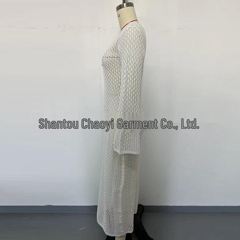 European-American V-Neck Hollow Texture Long-Sleeve Beach Dress