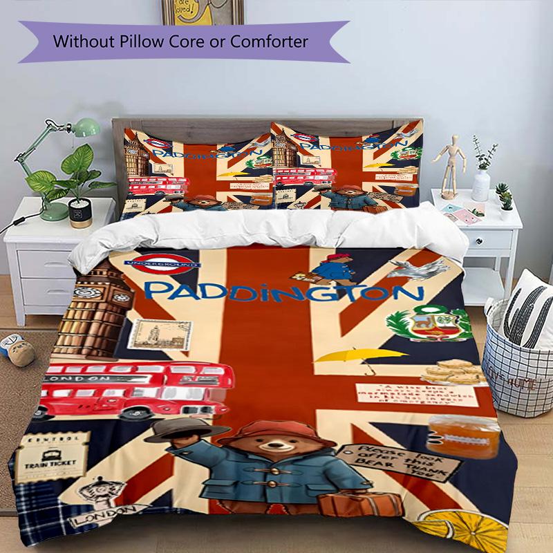 3pcs Duvet Cover Set (1*Duvet Cover + 2*Pillowcase, Without Core), Paddington Bear Print Bedding Set, Bedroom Decor, All‑Season, Birthday Gift
