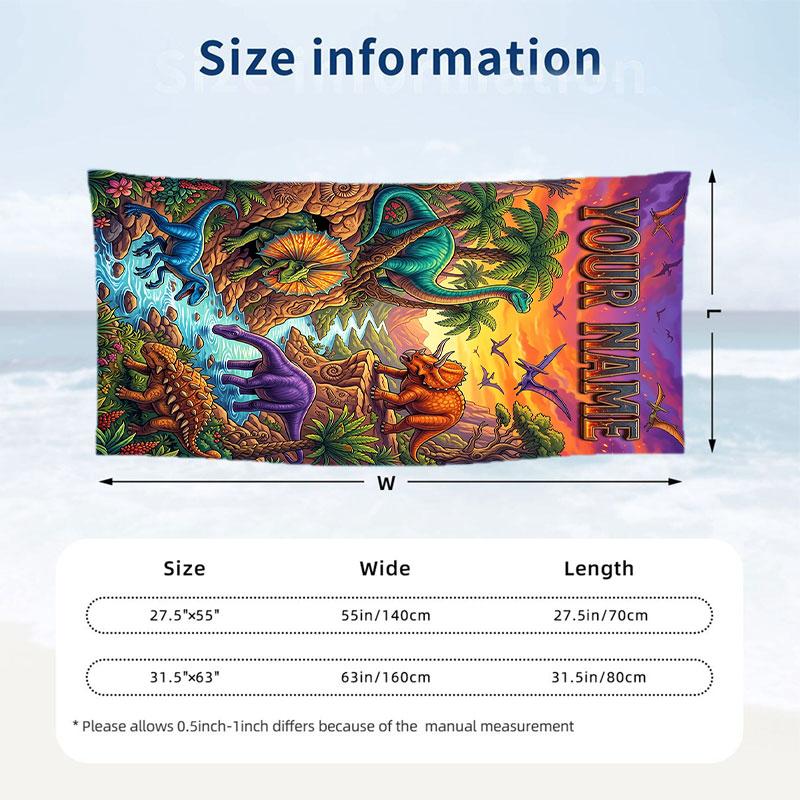 Dinosaur Theme Beach Towel Personalized Custom Name & Text Soft Quick Dry Beach Towel for Swimming Travel