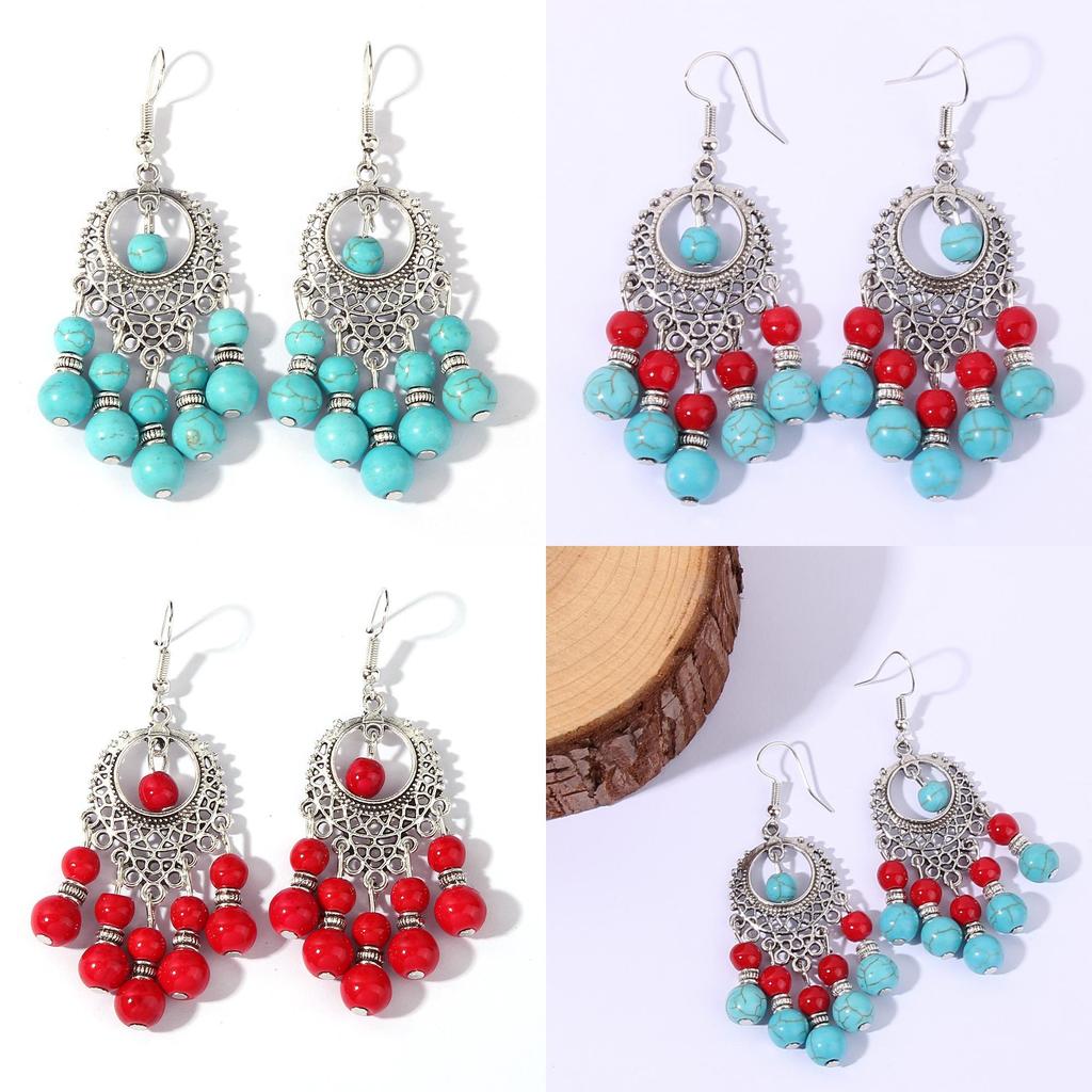 Ethnic Simulation Turquoise Beaded Earrings With Silver Filigree For Casual Wear
