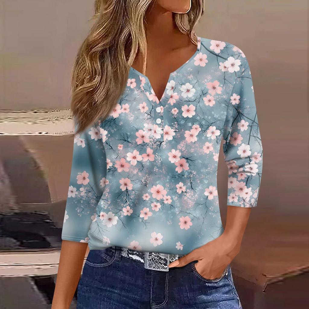 Жен. Футболка С принтом Пуговицы Рукав 3/4 Повседневные Выходные Мода Классический Классический V-образный вырез Обычный Верх