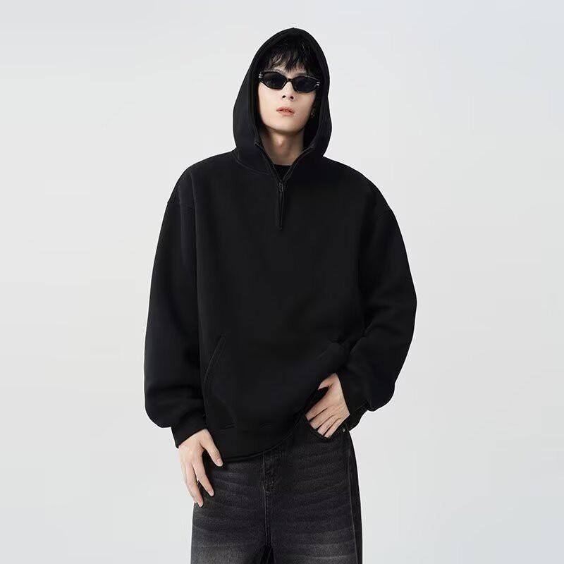 Oversized Hooded Half-Zip Sweatshirt Men Women Thick Fleece-Lined Casual Long Sleeve Pullover