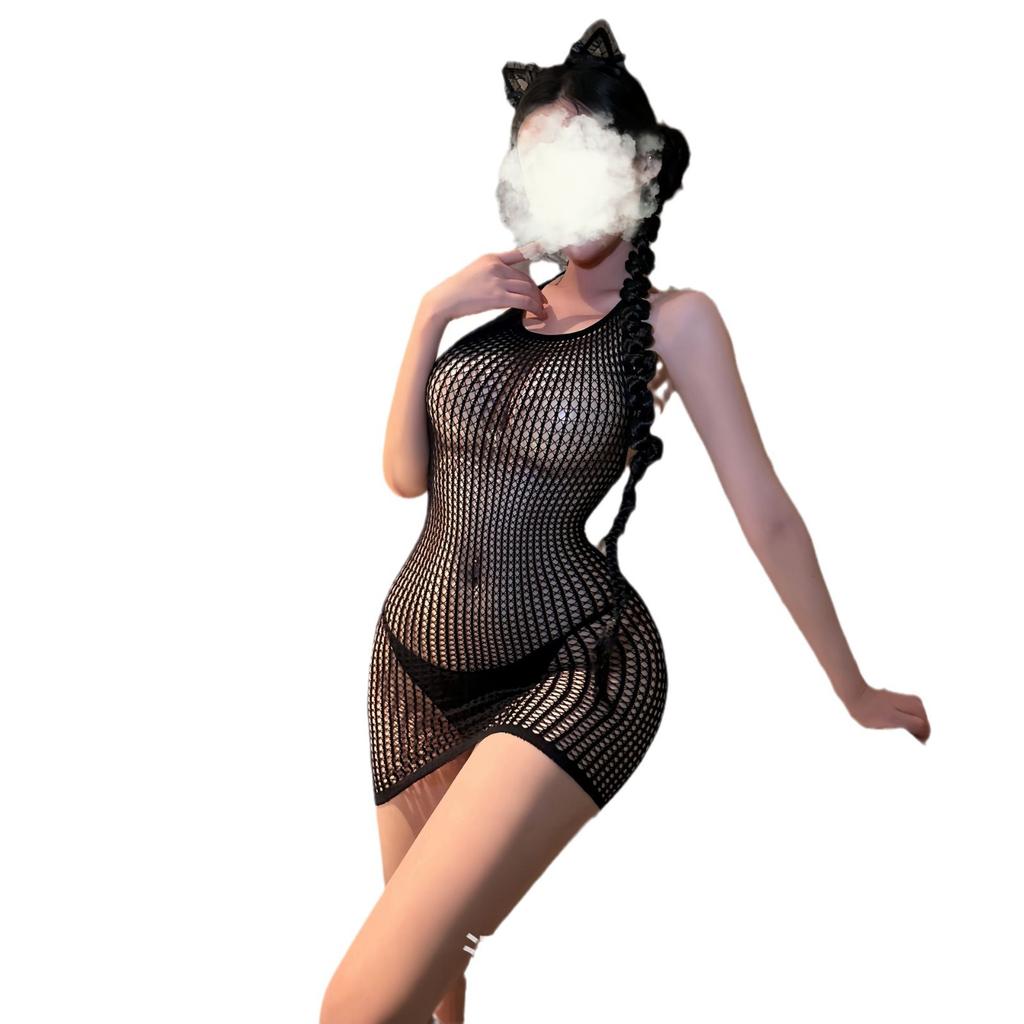 Transparent sex onesie high elastic perspective hollow fishing net uniform sexy hip wrap ultra-thin flirting net suit