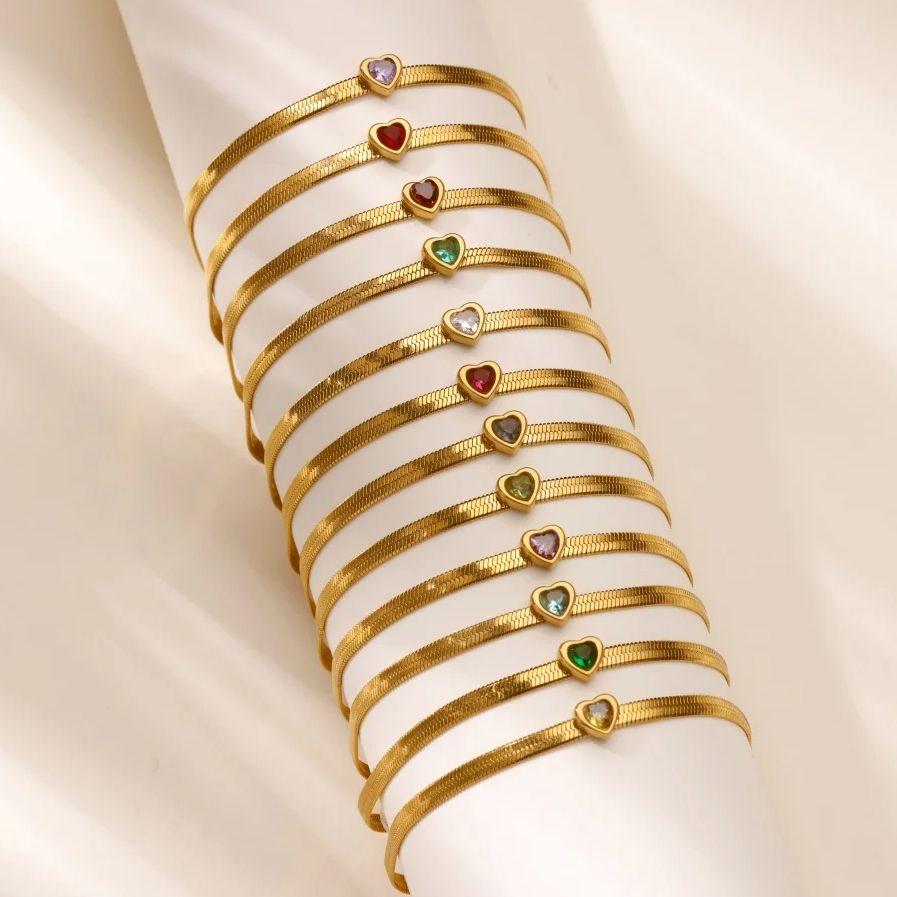 Браслеты с цирконом, камнем рождения, в форме сердца для женщин, золотистого цвета, из нержавеющей стали, свадебный, на день рождения, роскошный ювелирный подарок