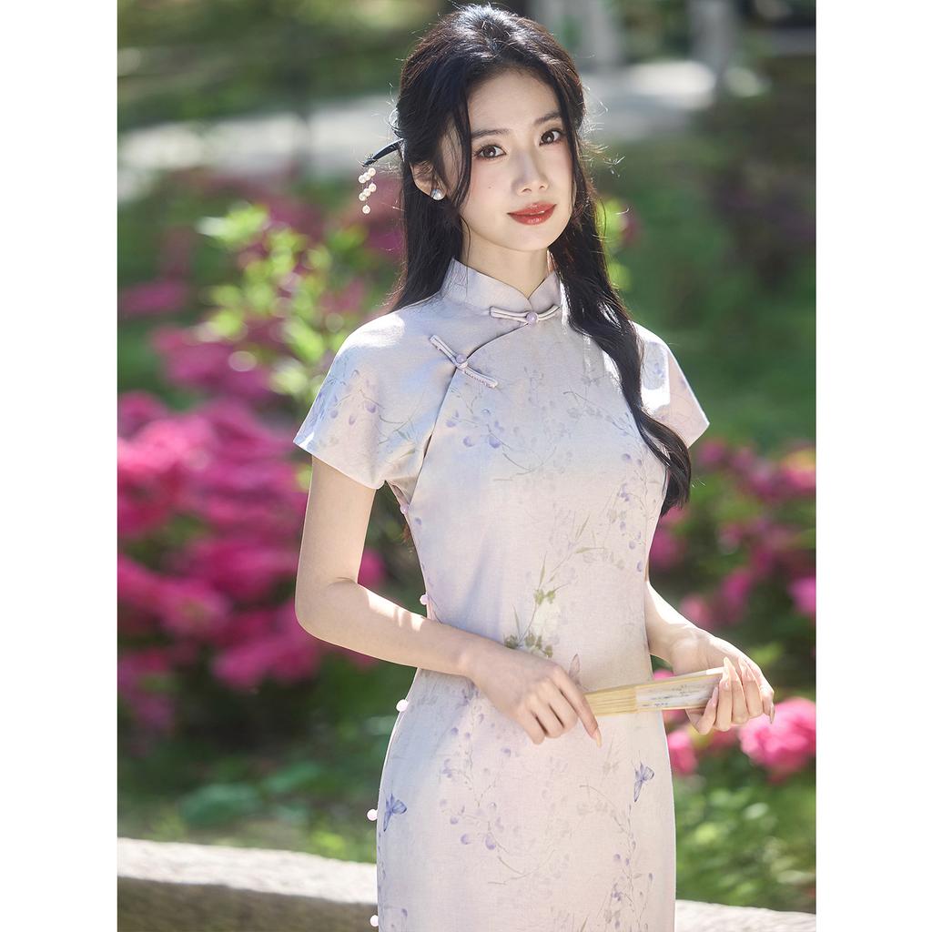 1011 Summer Short Sleeve Improved Cheongsam Pear Blossom Crepe Hong Kong Style Retro Literature and Art Republic of China Style Old Shanghai Daily