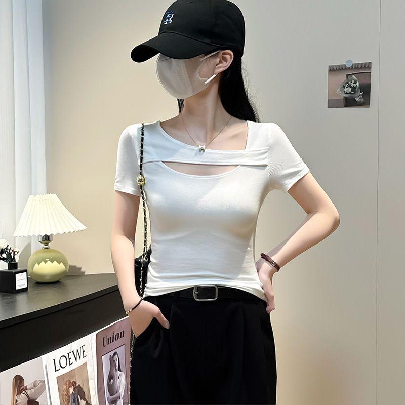 Strong Shoulder Slim Short-sleeved T-shirt for Women In Summer Latest Design Sense Hollow Pure Niche Top