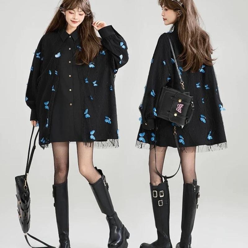 Three Dimensional Butterfly Lace Women's Shirt Black New Lapel Button Up Blouse Spring Autumn Loose Fashion Woman Top