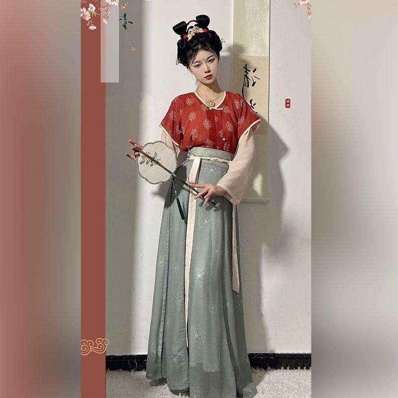 Китайский стиль династии Тан, традиционный ханьфу, повседневная рубашка с круглым вырезом и длинная юбка, женский комплект платьев