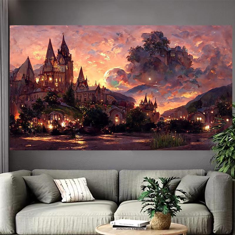 VIKAMA Fantasy Castle Tapestry Starry Night Watercolor Art Modern Bohemian Style Living Room Bedroom Background Wall Decoration