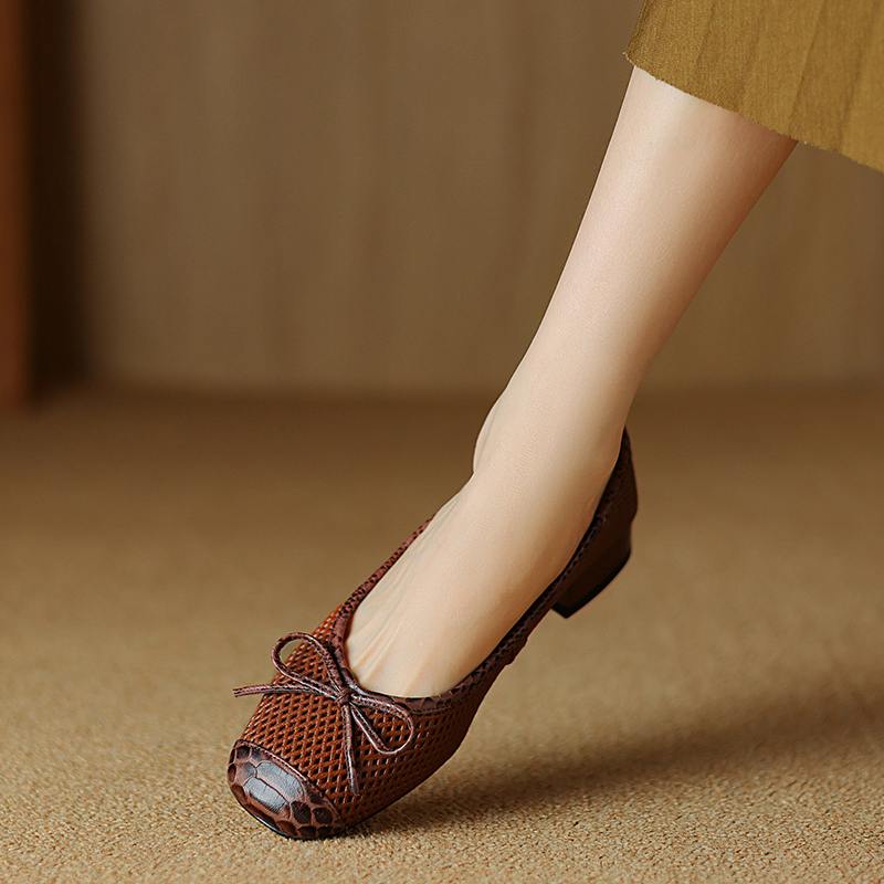 Krazing Pot Natural Leather Spring Summer Size 41 Thick Low Heels Women Square Toe Hollow Decoration Breathable Slip On Pumps