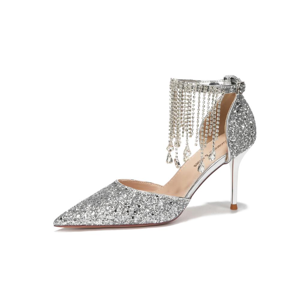 Xibeilove Летние Роскошные Женские Туфли Глиттер Стразы Кисточка Серебристый Шампань Высокий Каблук Сандалии Вечернее Платье Свадебная Обувь