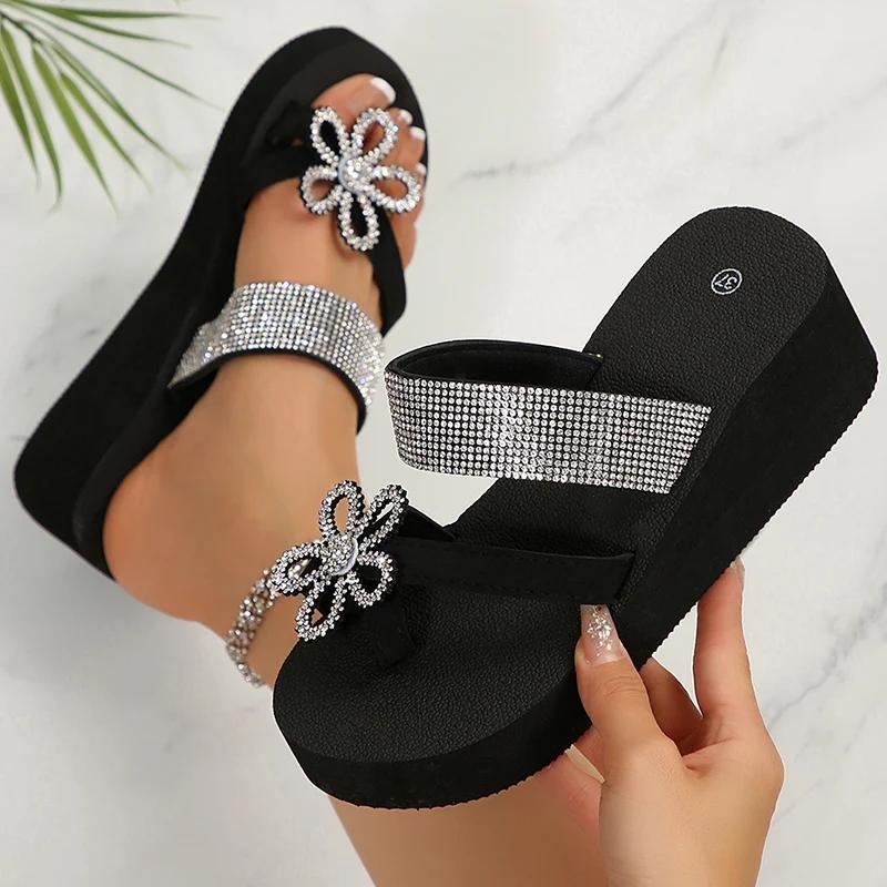 Fashion Fashion Crystal Flower Wedges Slippers Women Summer Thick Bottom Clip Toe Sandals Woman Lightweight Plus Size Slides Shoes 36-42