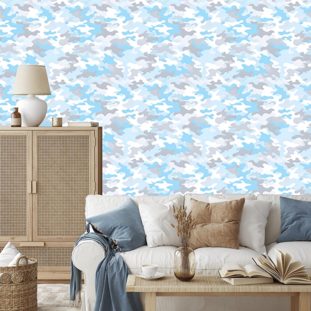Azure and white military camouflage wallpaper for living room and bedroom 50x1000