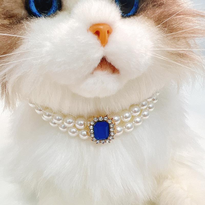 Pet Collar Pearl Double Stacking Dog Siamese Devon Cat Pearl Necklace with Diamonds Jewelry