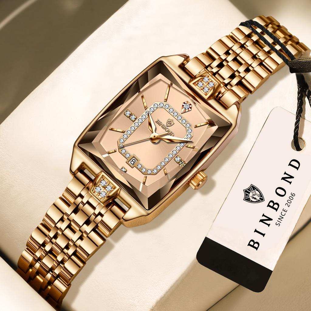 BINBOND Waterproof Sturdy Auto Date Women's Watches Ladies Wristwatch Quartz Watch For Women Zircon Luxury Reloj