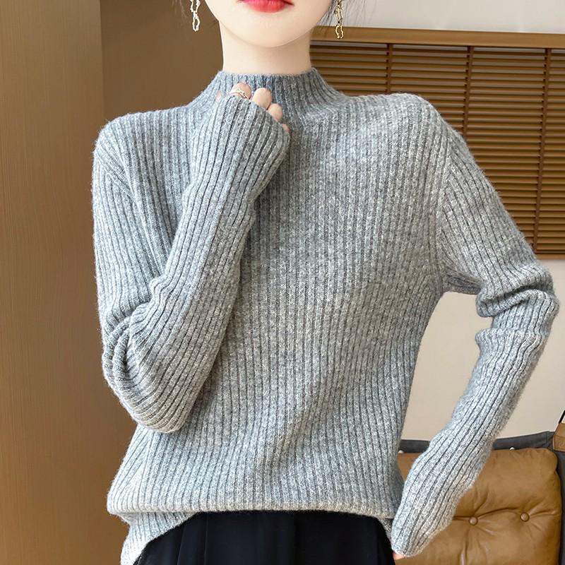 Women's 100% Pure Wool Half-High Collar Thick Knit Sweater - Warm Autumn/Winter Base Layer Pullover