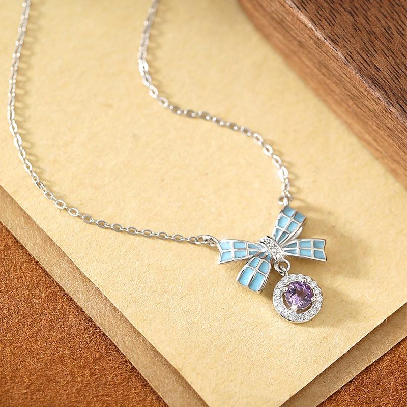 Women's S925 Sterling Silver Bow Knot Necklace Natural Amethyst Citrine Zircon Enamel Clavicle Chain Jewelry