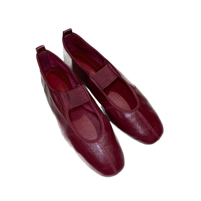 Версия из овчины~ ретро красные туфли-балетки Мэри Джейн с круглым носком 2025 новые туфли-лодочки на плоской подошве с неглубоким вырезом и ремешком с одной пряжкой женские
