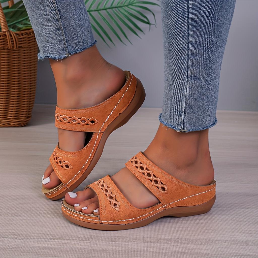 Women's Solid Color Sandals, Slip On Open Toe Double Bands Non-slip Soft Wedge Slides Shoes, Summer Comfy Shoes