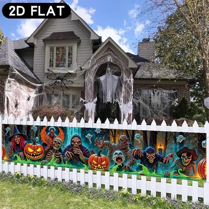 Halloween Horror Fence Party Banner Strip, Witches Zombies Pumpkins Ghosts Design, Polyester Outdoor Garden Decoration