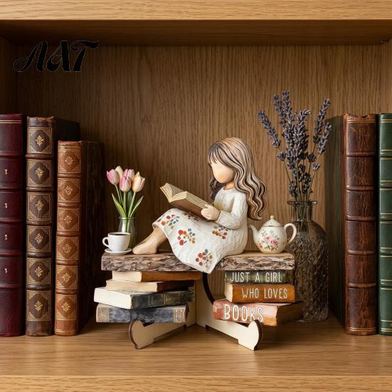 Exquisite Desktop Figurine Decor Wooden Reading Girl Figurine, Stable Pastoral Style Statue Decorative for Desk Decor, Artistic Healing Ornament,