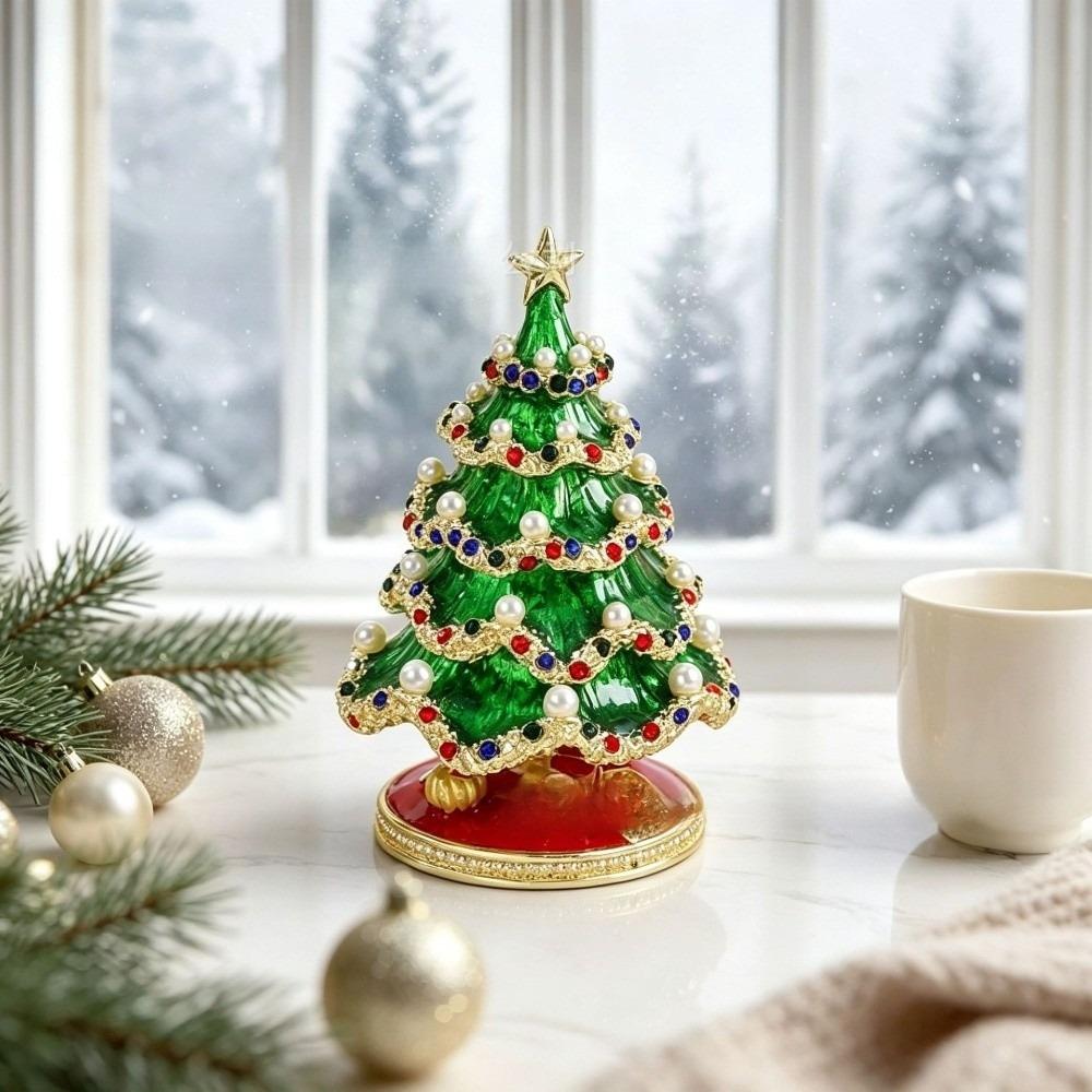 Metal Christmas Tree Ornaments Colorful Enamel Christmas Decoration Pearl Crystal Tabletop Decor Miniature Xmas Tree