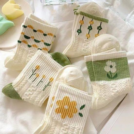 5 Pairs Women Socks Refreshing Flower Prints Mid-tube Shallow-cut High Elasticity Soft Breathable Sweat Absorption Anti-slip Girls Daily Sports Socks