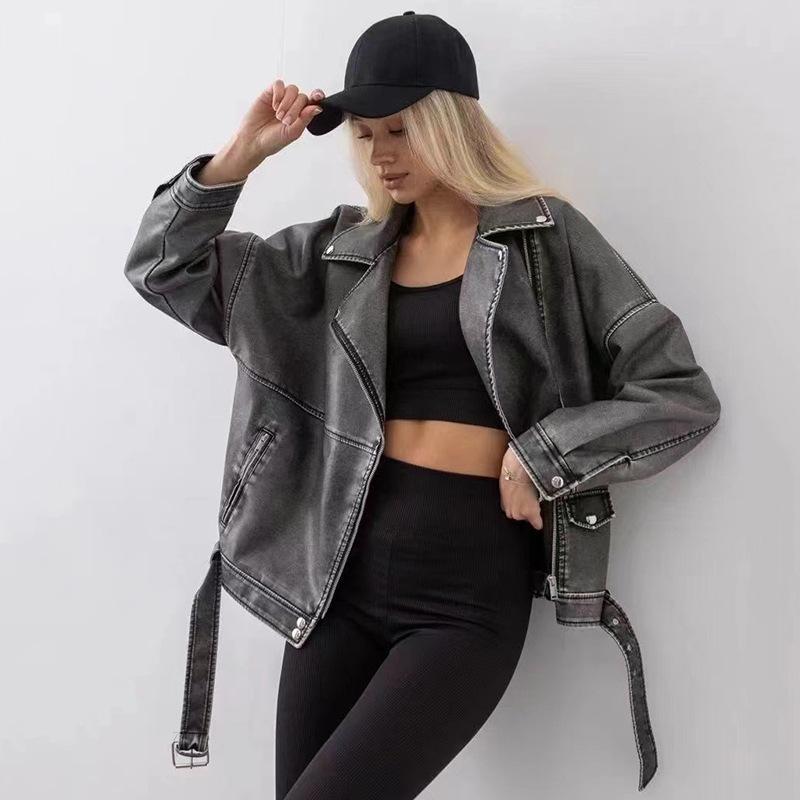 Washed Old Leather Jacket Women's Spring and Autumn Mid-length Retro Washed Loose Handsome Jacket Motorcycle Wear PU Leather Jacket