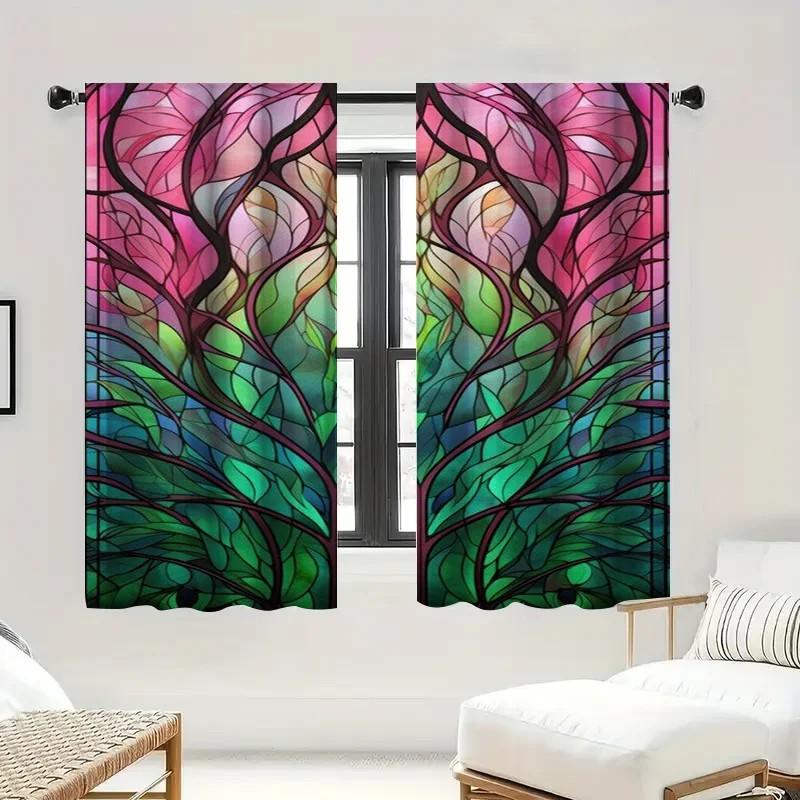 2pcs Floral Stained Glass Window Curtains Room Darkening Polyester Holiday Decor Home Decor Rod Pocket Curtains