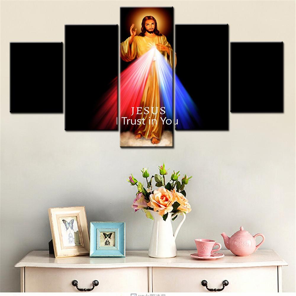 5 Pieces Canvas Wall Arts Poster Painting Black Dark Jesus I Trust In You Wallpaper Home Decor Picture Printing For Living Room