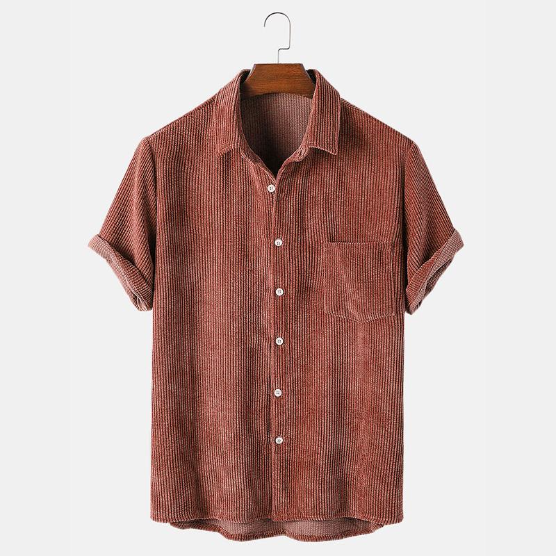 Мужские вельветовые рубашки с коротким рукавом, однотонные топы на пуговицах