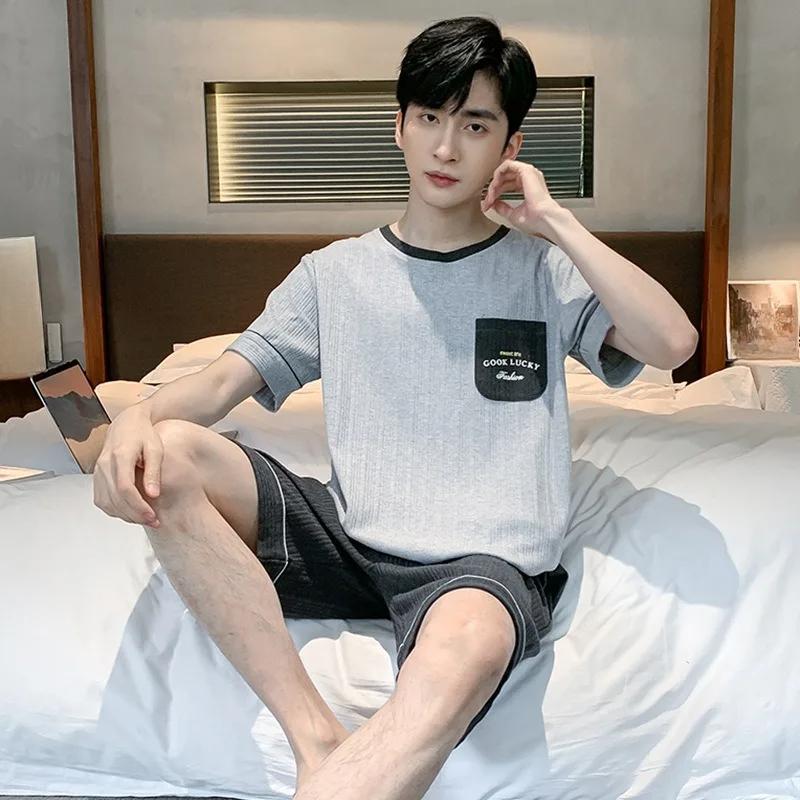 Большие размеры летняя мужская хлопковая пижама трикотажные шорты с коротким рукавом комплект простая и легкая в уходе однотонная пижама с круглым вырезом домашняя одежда