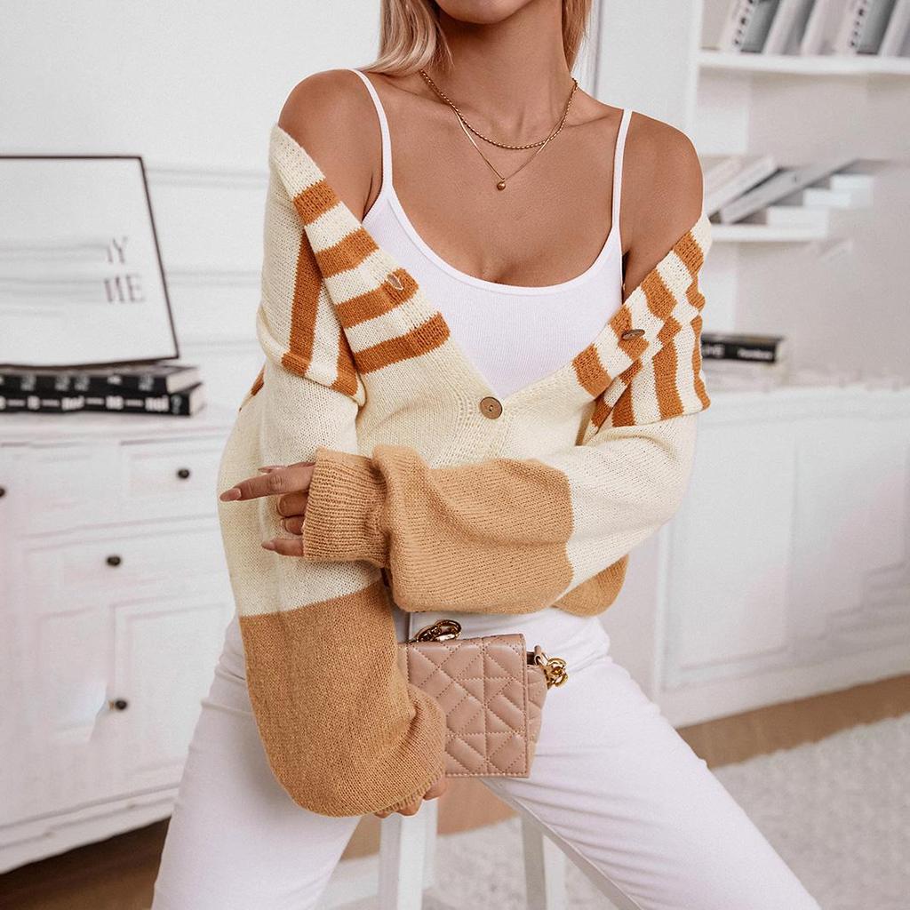 Autumn Winter Vintage Loose Long Sleeve Top Stripe Cardigan Knitwear V-Neck Sweater