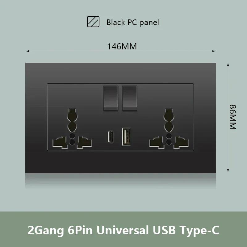 Черная настенная розетка UK 13A с USB Type C 18 Вт для быстрой зарядки, универсальная настенная розетка 220 В, электрический выключатель света