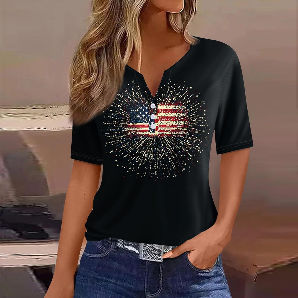 Жен. Футболка С принтом Пуговицы С короткими рукавами Повседневные Выходные Мода Классический V-образный вырез Обычный Верх