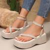 Clogs with Heel  Sandals Clear Shoes Suit Female Beige Thick New Blue  Summer Low Comfort Girls Buckle Strap PU Sweet Fabric