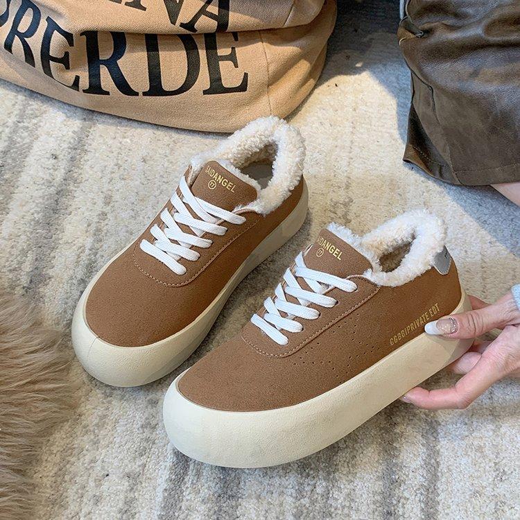 Маленькие белые туфли на толстой подошве, женские, новинка 2024 года, обувь из овечьей шерсти, повседневная обувь из бархата, теплая спортивная обувь из хлопка