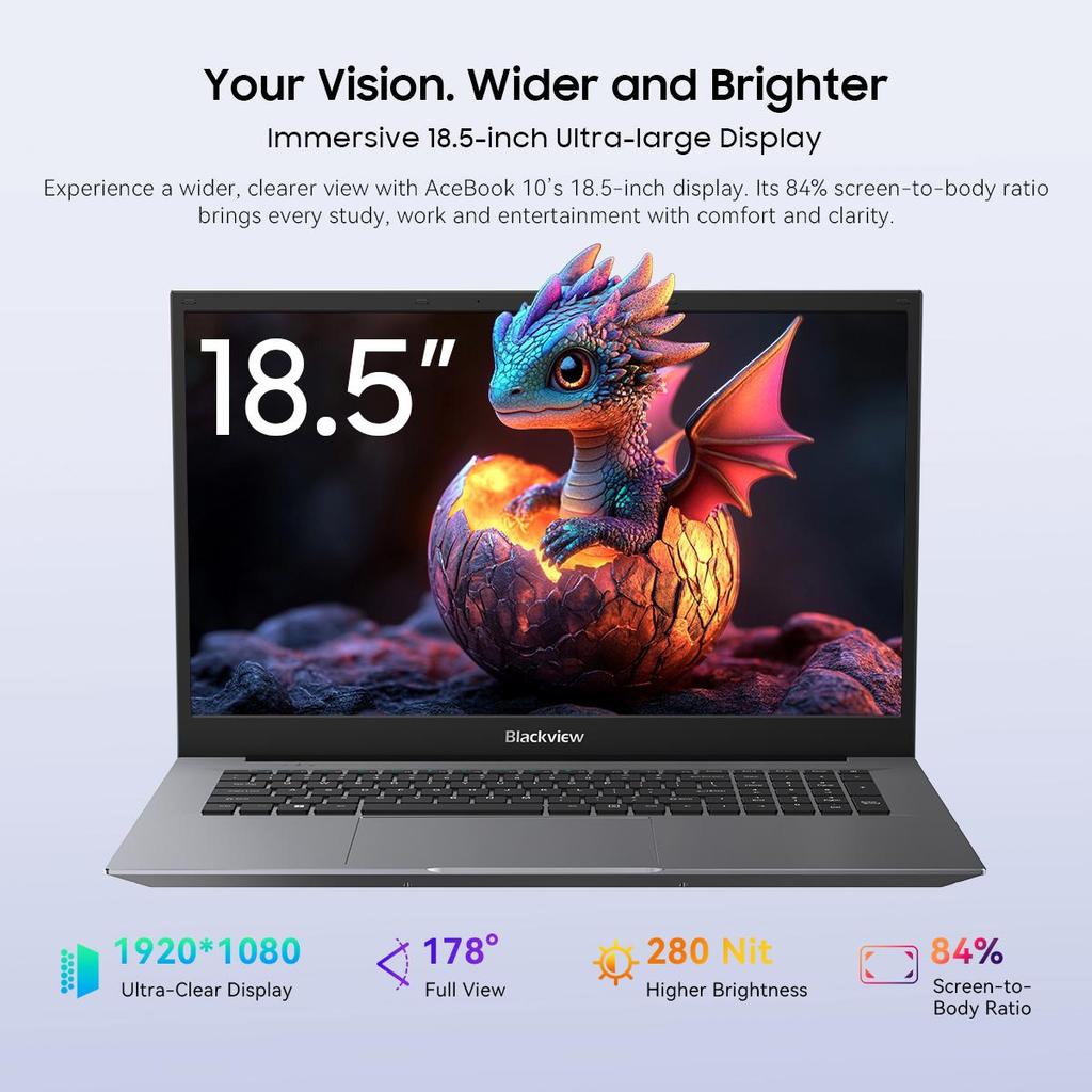 Blackview Ноутбук AceBook 10 18.5" Intel Pentium Silver N6000 16 ГБ DDR4+512 ГБ SSD Windows 11 Pro Полнофункциональный USB-C WiFi 6