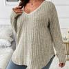 GMXIA Women's Fashion Casual Solid Color Print Autumn Winter Long Sleeve V-Neck Loose Frosted T-shirt with Pit Stripes Sweaters