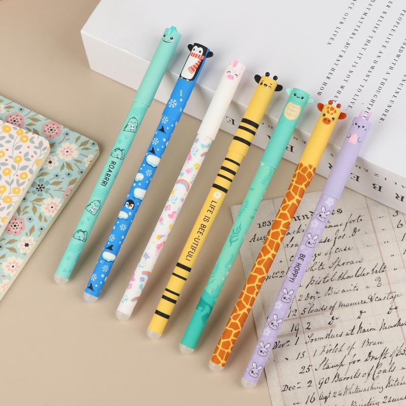 7Pcs Pen Bee Rabbit Giraffe 0.5Mm Colored Pen Core Neutral Pen Cartoon Animals Erasable Gel For Writing School Supplies