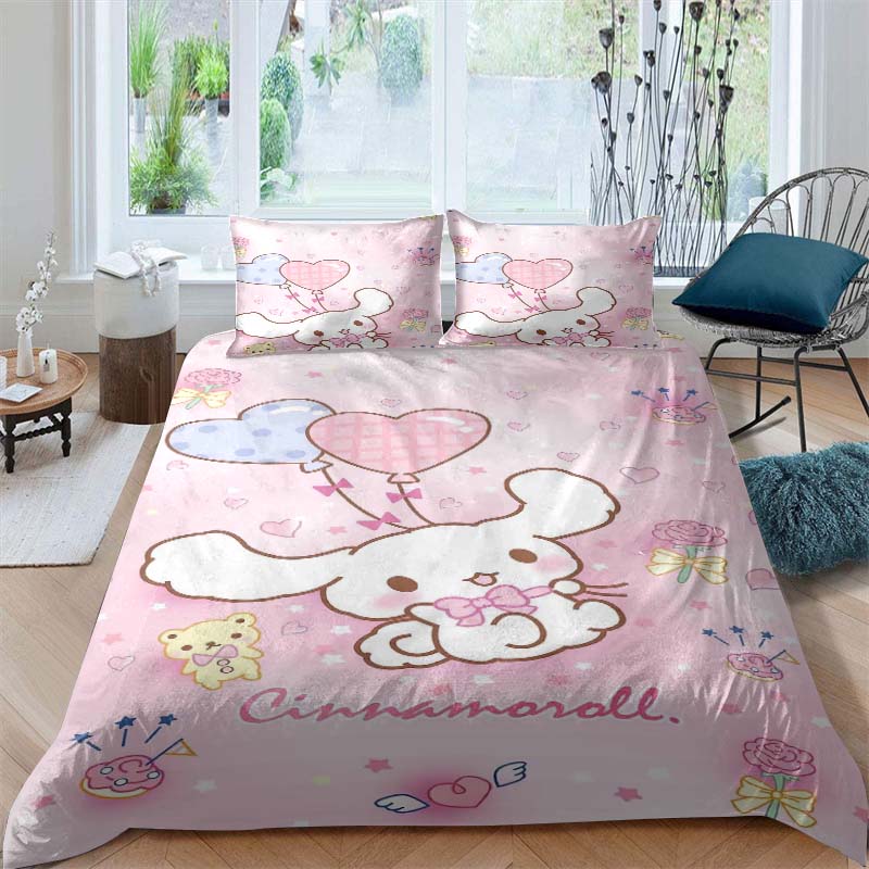 3D printed cartoon Cinnamoroll themed three-piece bedding set, including duvet cover and pillowcases, a perfect holiday gift.