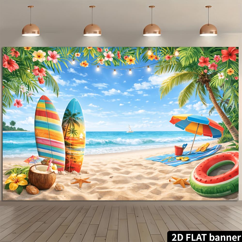 2D plane summer beach party backdrop, with a seaside beach and surfboards