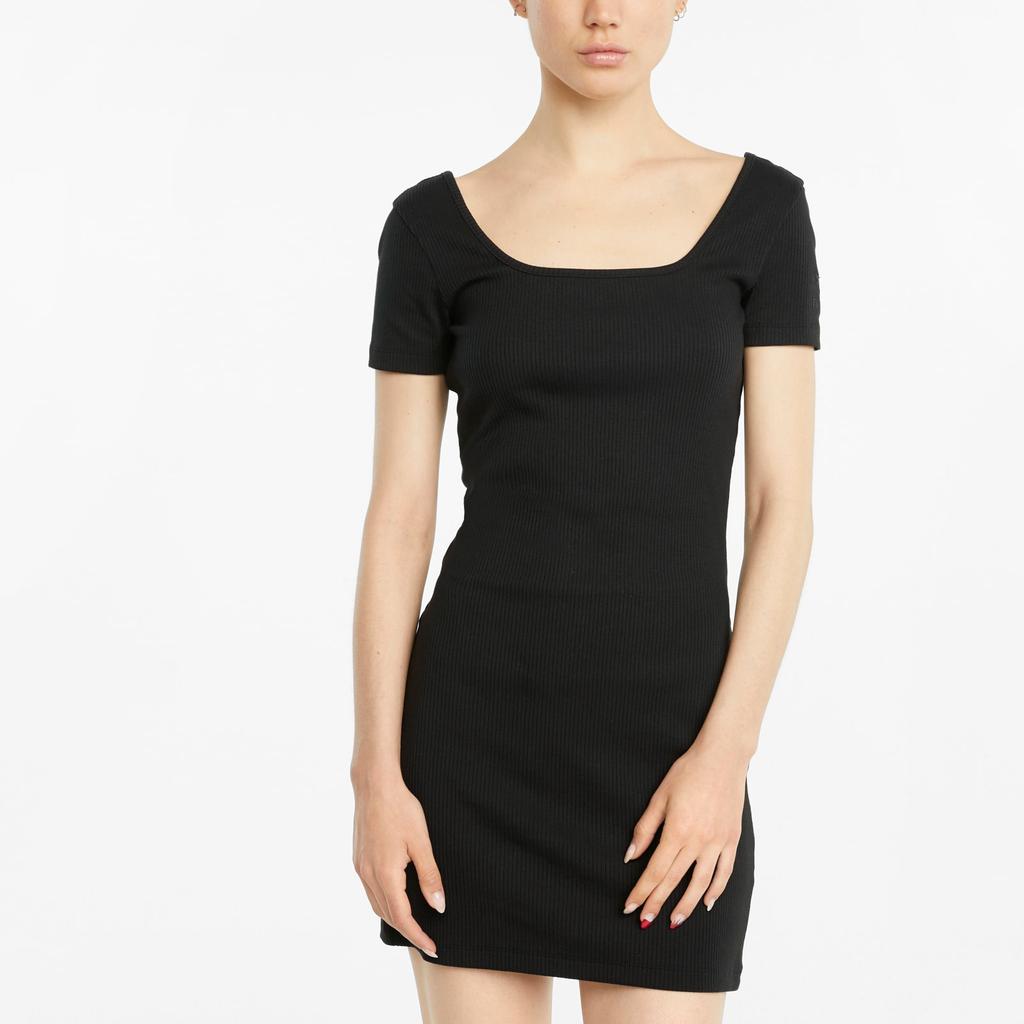 Puma Classics Logo Solid Color Casual Ribbed Pullover Comfortable Breathable Square Neck Short Sleeve Dress Women Dresses Black 531615-01