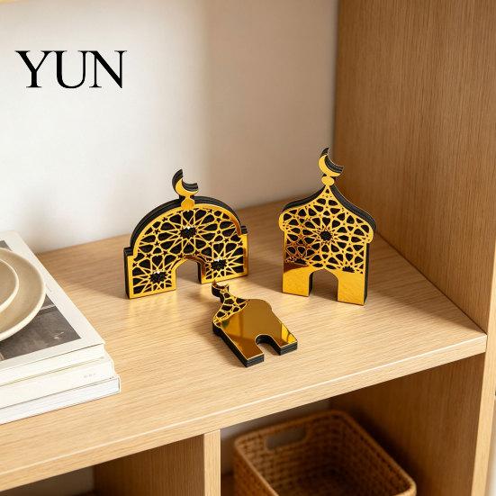 Office Desk Decoration 3PCS Ramadan Golden Castle Ornament, Hollow Mosque Design, Thick Wood And Gold Acrylic Table Art Desktop Accents, Religious